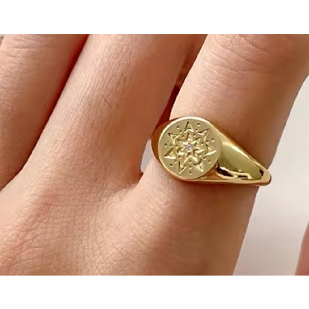 NEW Men’s Yellow Gold Plated‎ S925 Signet Ring with Melee Star Adjustable